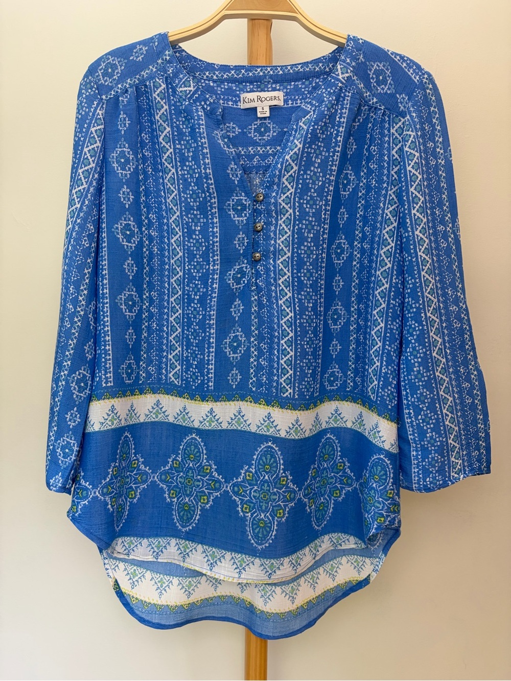 Kim Rogers Blue Boho Print Peasant Top Blouse Small